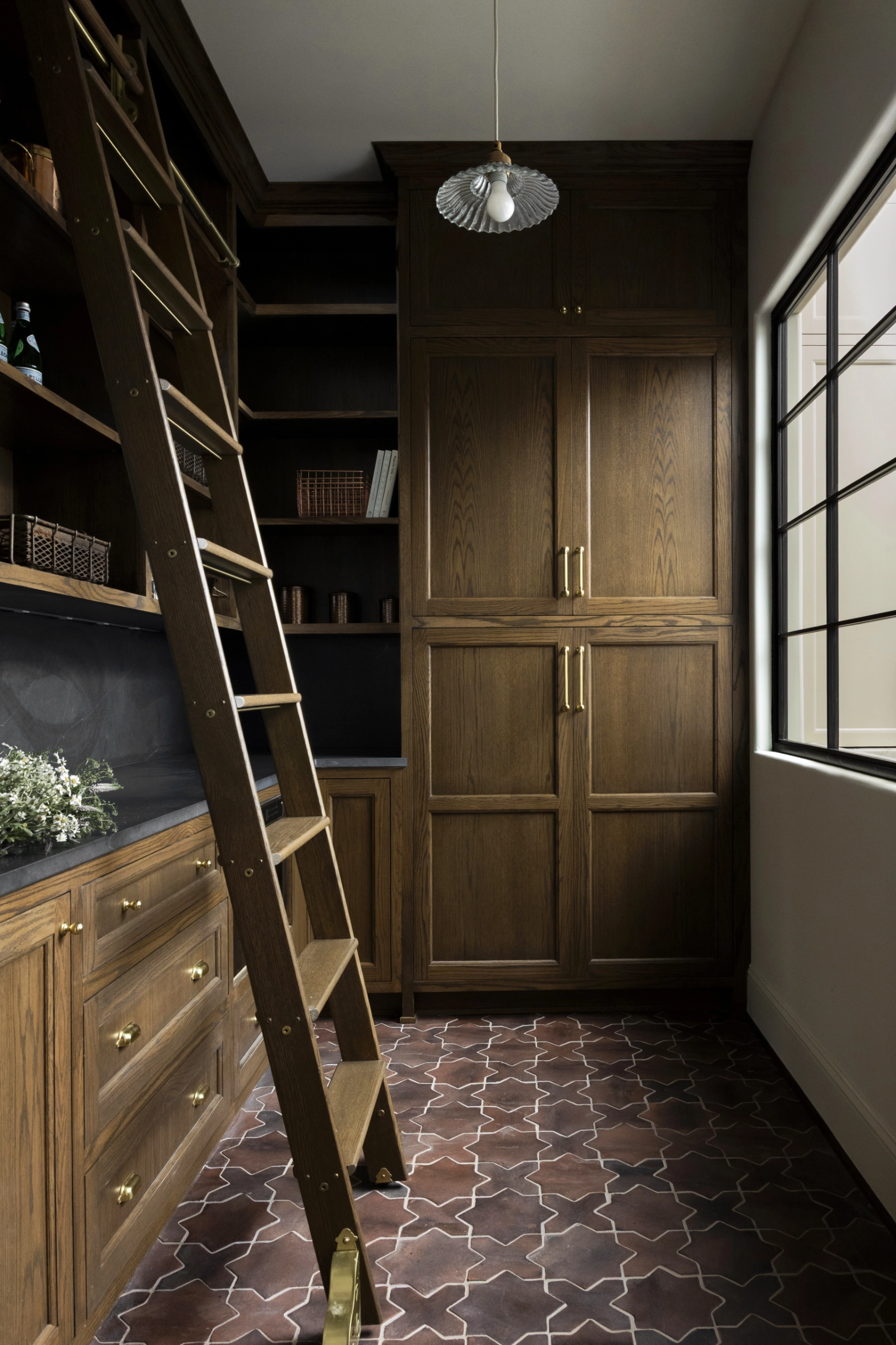 Large walk-in pantry with library ladder and ample storage