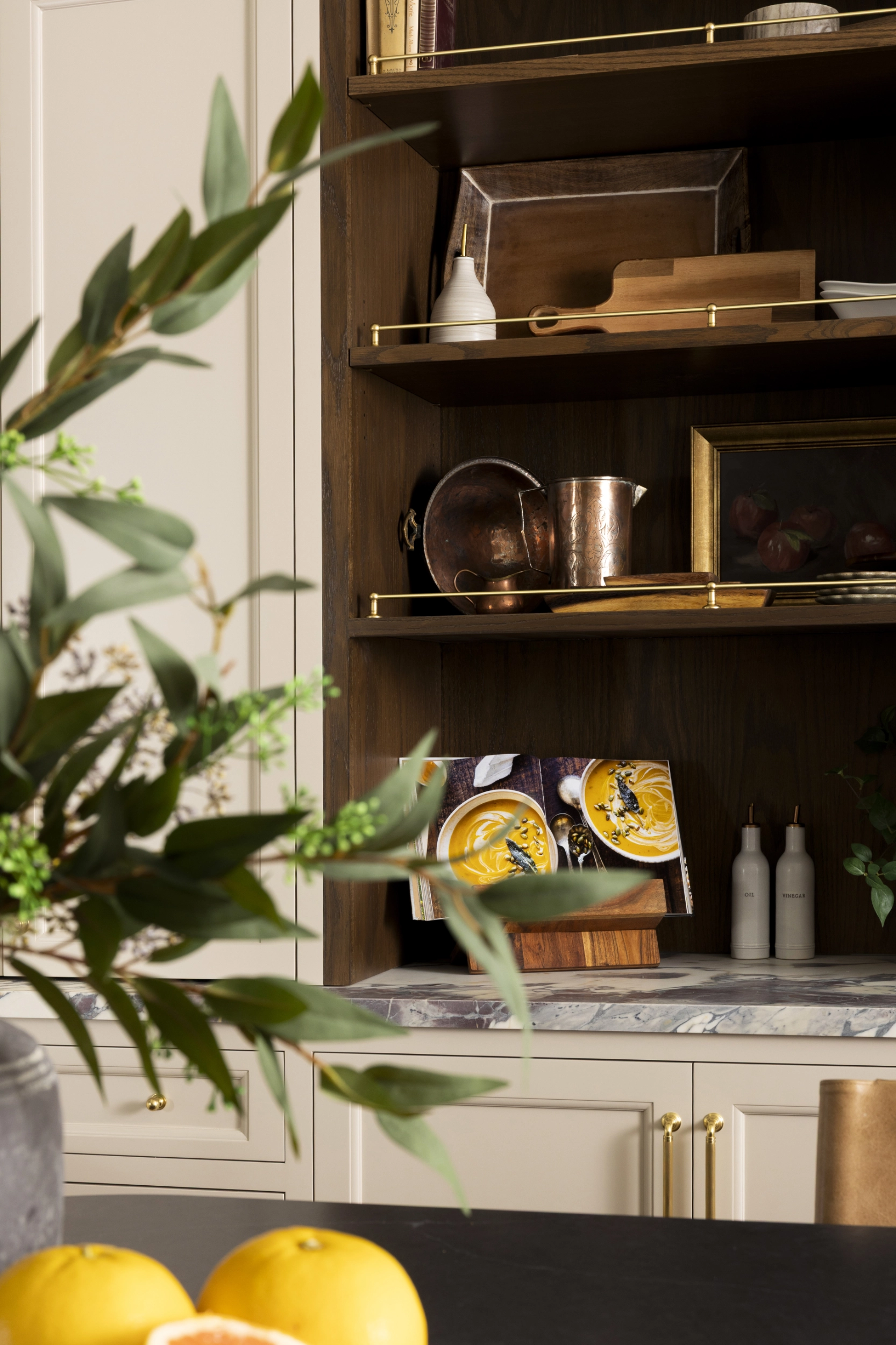 Medium-toned wood open shelving